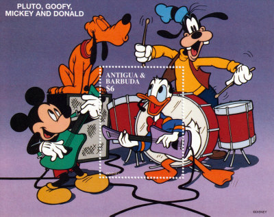 Briefmarkenblock Disney Pluto, Goofy, Micky and Donald Musikgruppe / Antigua & Barbuda 1997