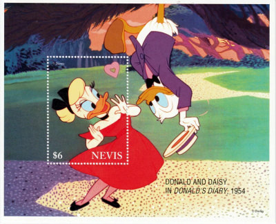 Stamp Plate Block Disney Donald and Daisy in DONALDS DIARY 1954 / Nevis