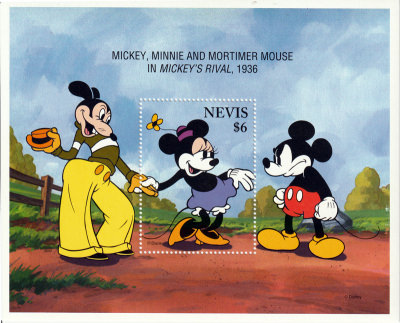 Briefmarkenblock Disney Mickey, Minnie and Mortimer Mouse in Mickeys Rival, 1936 / Malediven
