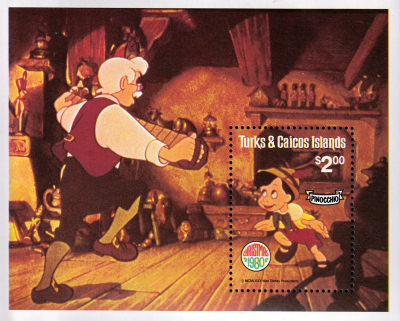 Stamp Plate Block Disney Pinocchio & Gepetto / Turks & Caicos Islands