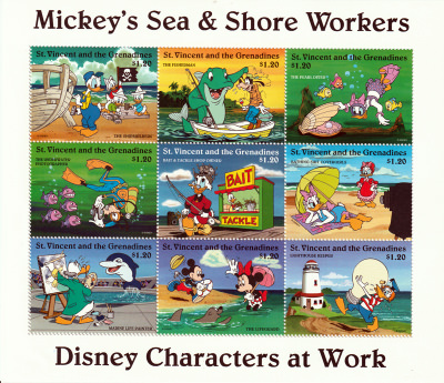 Briefmarkenblock Disney Characters at Work Mickeys Sea & Shore Workers / St. Vincent and the Grenadines 1996