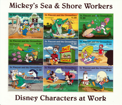 Stamp Plate Block Disney Characters at Work Mickeys Sea & Shore Workers. Mini Sheet / St. Vincent and the Grenadines 1996