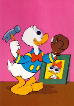 Postcard with wiggle eyes Donald hammering in a nail