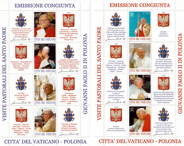 2 Briefmarkenblöcke Papstbesuche Johannes Paul II. in Polen 1979-2002 / Vatikan + Polen 2004