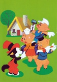Postkarte "Drei kleine Schweinchen mit Dirigent Kleiner Böser Wolf"