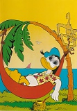 Postcard with wiggle eyes "Monkey prank with Donald in the hammock"