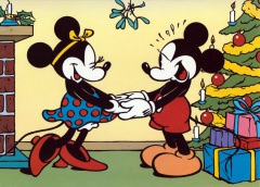 Weihnachtskarte Micky and Minni hold hands under the mistletoe