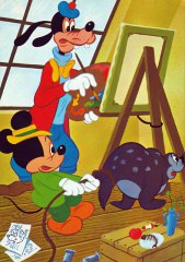 Postkarte In Goofys Atelier mit Micky und Seehund