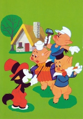 Postkarte Drei kleine Schweinchen mit Dirigent Kleiner Böser Wolf