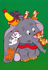 Postkarte Dumbo mit Aristocats und Backenhörnchen
