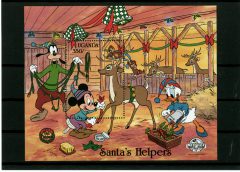 Briefmarkenblock Disney Santas Helpers Micky, Donald, Goofy, Backenhörnchen / Uganda 1988