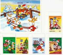 Briefmarkenblock Disney Christmas 1984 + 5 Einzelwerte Donald Duck mit Tick, Trick und Track / Grenada 1984