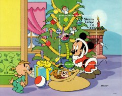 Stamp block Disney Mickey Giving of presents with Santa Mickey / Sierra Leone 1992