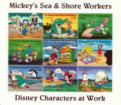 Briefmarkenblock Disney Characters at Work Mickeys Sea & Shore Workers. Kleinbogen / St. Vincent and the Grenadines 1996