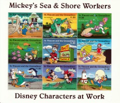 Stamp Plate Block Disney Characters at Work Mickeys Sea & Shore Workers / St. Vincent and the Grenadines 1996