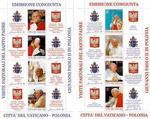 2 Briefmarkenblöcke Papstbesuche Johannes Paul II. in Polen 1979-2002 / Vatikan + Polen 2004