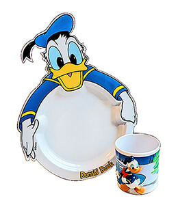 Donald Duck Teller und Reliefbecher (Satz mit 4 Tellern + 4 Bechern)